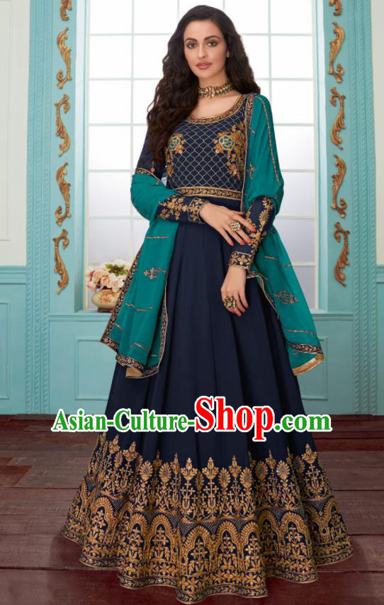 Traditional Indian Bollywood Embroidered Navy Anarkali Dress Asian India National Costumes for Women