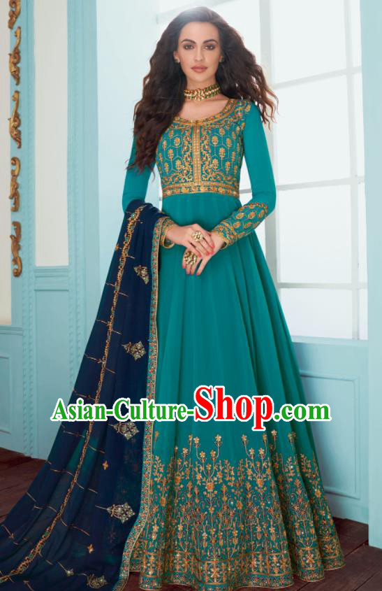 Traditional Indian Bollywood Embroidered Blue Anarkali Dress Asian India National Costumes for Women
