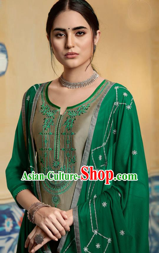 Traditional Indian Punjab Grey Satin Blouse and Green Pants Asian India National Costumes for Women