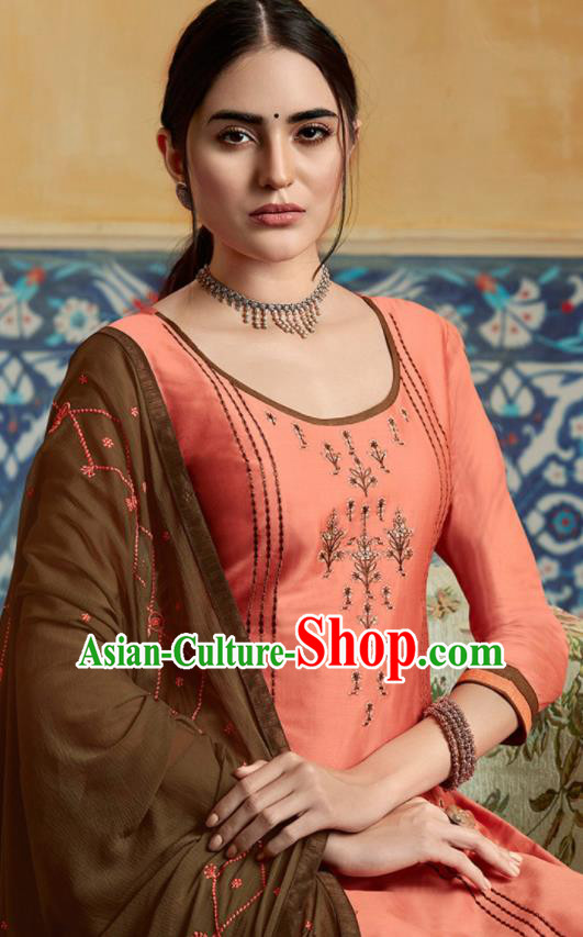 Traditional Indian Punjab Pink Satin Blouse and Khaki Pants Asian India National Costumes for Women