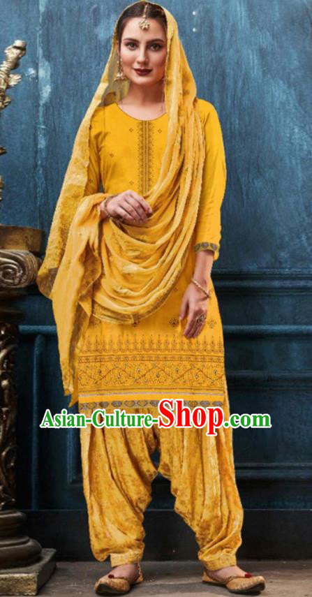 Traditional Indian Punjab Yellow Satin Blouse and Pants Asian India National Costumes for Women