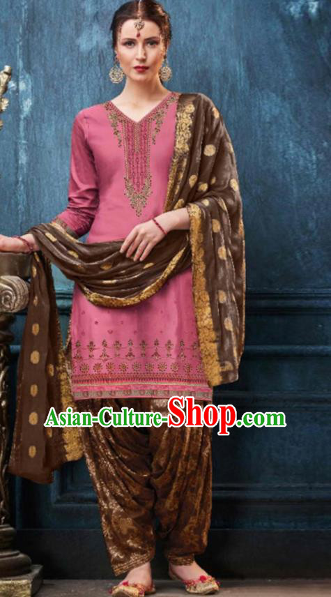Traditional Indian Punjab Pink Satin Blouse and Brown Pants Asian India National Costumes for Women