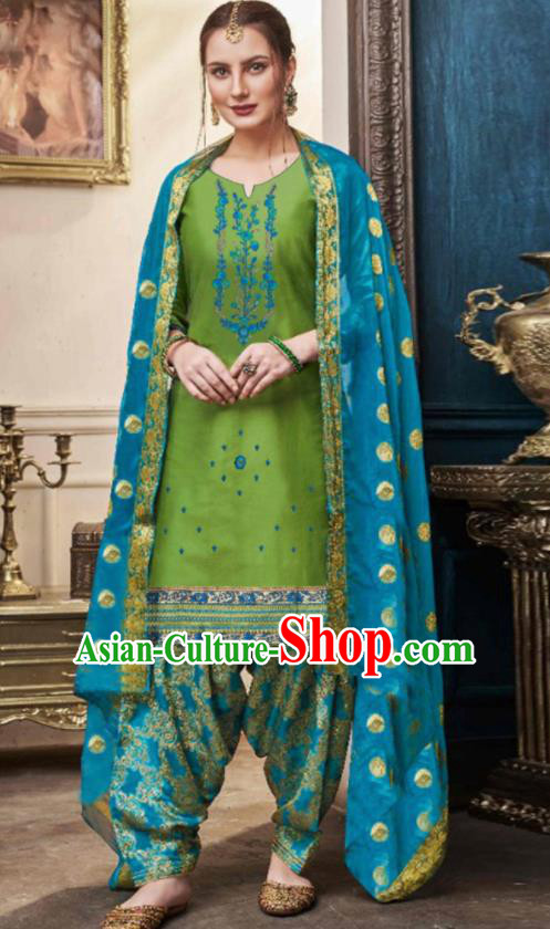 Traditional Indian Punjab Green Satin Blouse and Blue Pants Asian India National Costumes for Women