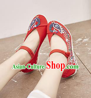 Chinese National Embroidered Phoenix Red High Heels Shoes Traditional Hanfu Shoes Opera Shoes Wedding Bride Shoes for Women