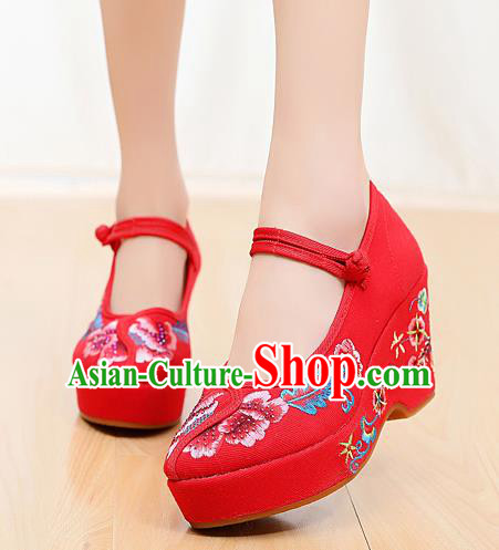 Chinese National Embroidered Red High Heels Shoes Traditional Hanfu Shoes Opera Shoes Wedding Bride Shoes for Women