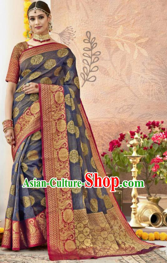 Traditional Indian Blue Sari Dress Asian India National Bollywood Costumes for Women