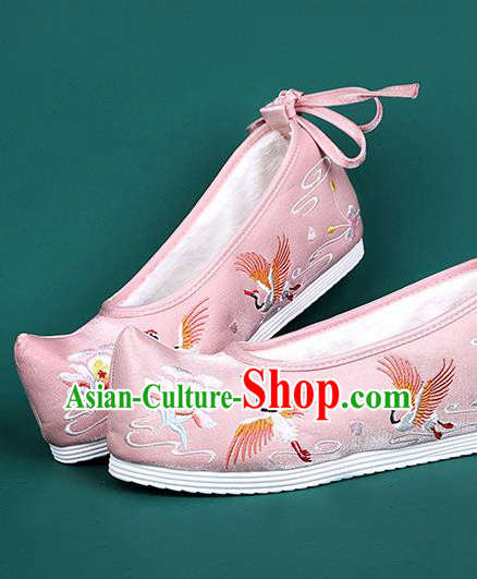 Chinese National Winter Embroidered Crane Pink Brushed Shoes Traditional Hanfu Shoes Princess Shoes Opera Shoes for Women