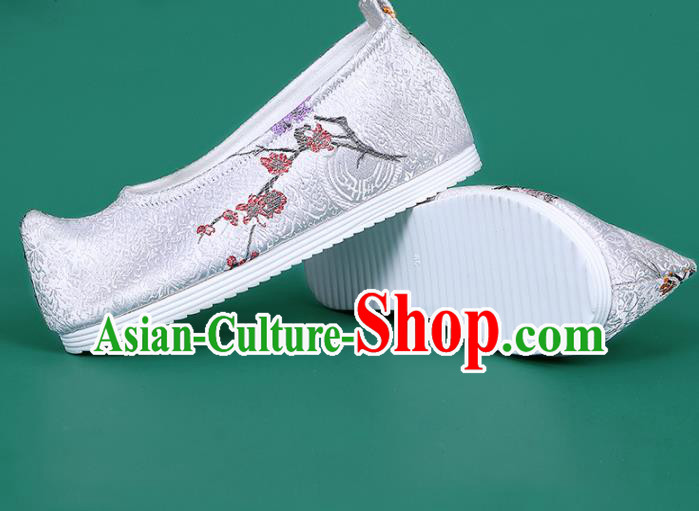 Chinese National White Brocade Toe Spring Shoes Traditional Hanfu Shoes Princess Shoes Opera Shoes for Women