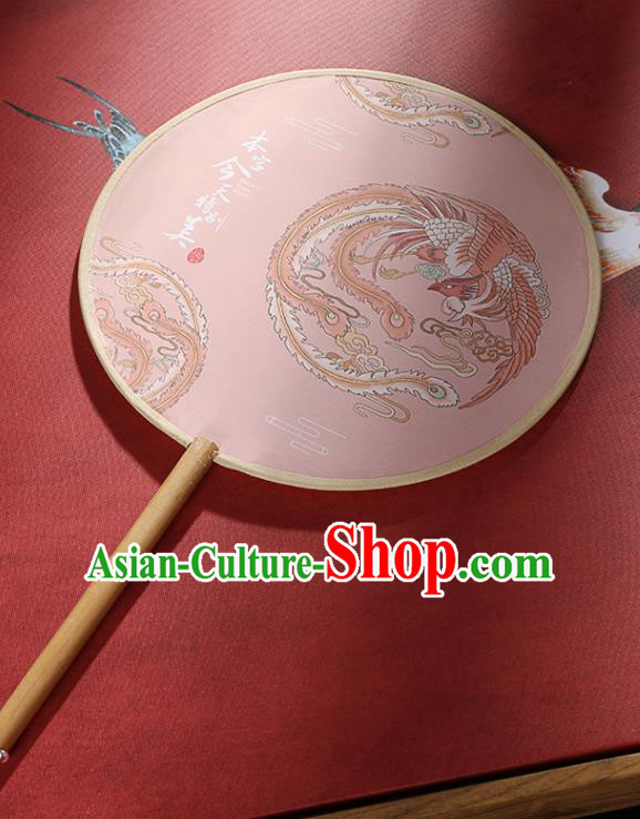 Chinese Traditional Printing Phoenix Pink Round Fans Hanfu Silk Palace Fan for Women