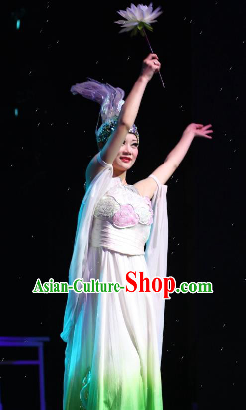 Chinese Impression of Suzhou Classical Dance Lotus Dance White Dress Stage Performance Costume and Headpiece for Women