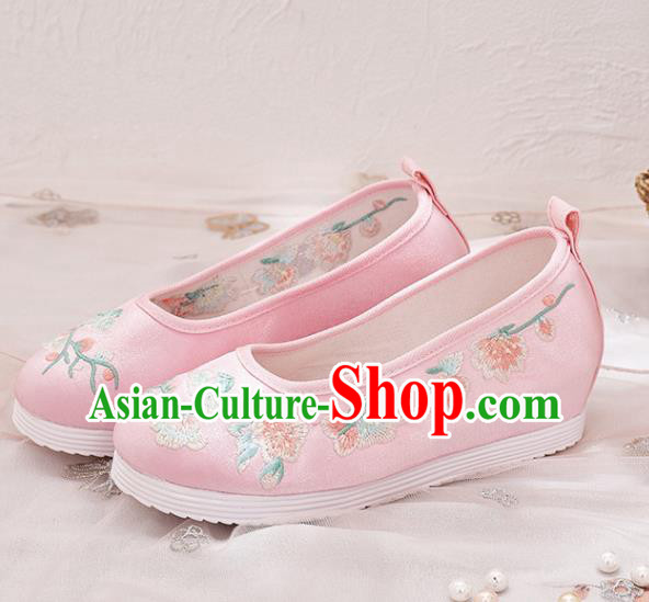 Traditional Chinese Embroidered Plum Pink Satin Shoes Hanfu Shoes National Shoes for Women
