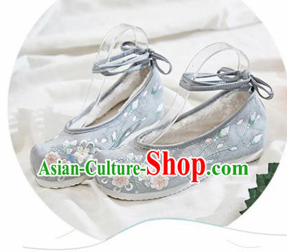 Traditional Chinese National Winter Shoes Embroidered Grey Shoes Hanfu Shoes for Women
