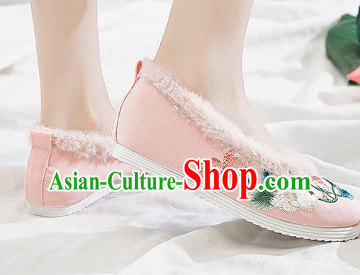 Traditional Chinese National Winter Pink Shoes Embroidered Shoes Hanfu Shoes for Women