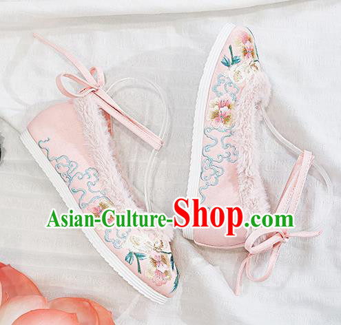 Traditional Chinese Winter National Pink Shoes Embroidered Flowers Shoes Hanfu Shoes for Women