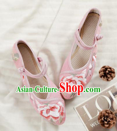 Traditional Chinese National Embroidery Peony Pink Shoes Embroidered Shoes Hanfu Shoes for Women