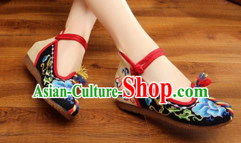 Traditional Chinese Old Beijing Embroidery Peony Black Shoes National Embroidered Shoes Hanfu Shoes for Women
