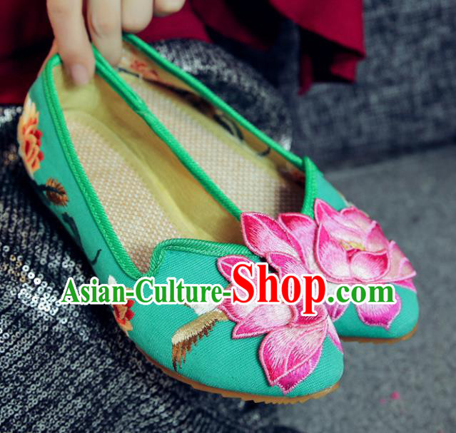 Traditional Chinese Embroidery Lotus Green Shoes Embroidered Shoes Cloth Shoes for Women