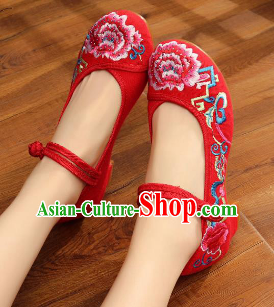 Traditional Chinese Old Beijing Embroidery Peony Red Shoes Embroidered Shoes Cloth Shoes for Women