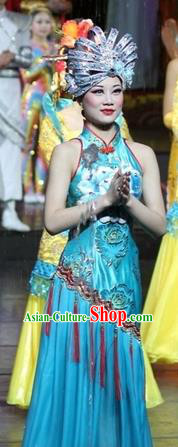 Chinese Impression of Suzhou Classical Dance Blue Dress Stage Performance Costume and Headpiece for Women