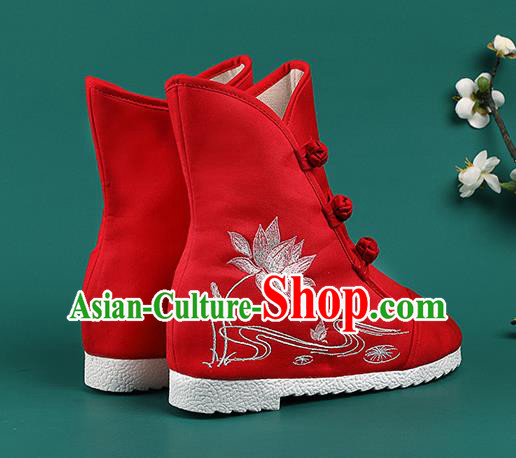 Chinese Traditional Winter Embroidered Lotus Red Boots Hanfu Shoes Cloth Boots for Women