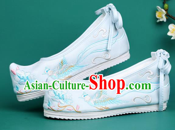 Chinese Traditional Winter Embroidered Phoenix Light Blue Shoes Hanfu Shoes Princess Shoes for Women