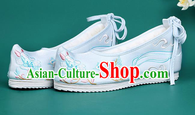 Chinese Traditional Winter Embroidered Phoenix Light Blue Shoes Hanfu Shoes Princess Shoes for Women