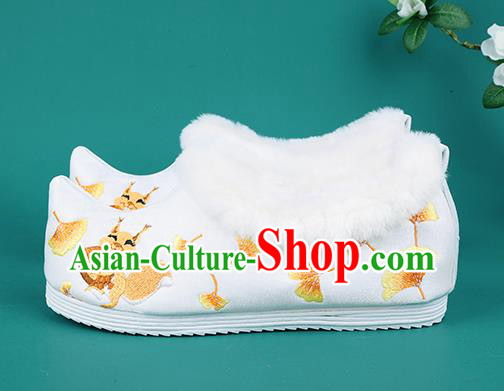 Chinese Traditional Winter Embroidered Ginkgo Squirrel White Shoes Hanfu Shoes Princess Shoes for Women