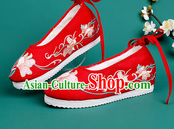 Chinese Traditional Winter Red Embroidered Shoes Hanfu Shoes Princess Shoes for Women