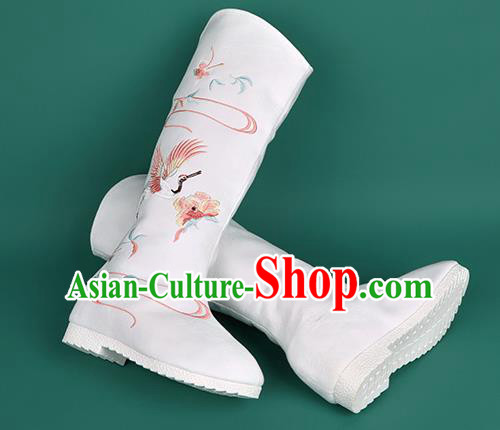 Chinese Traditional Embroidered Crane White High Boots Hanfu Shoes Cloth Boots for Women