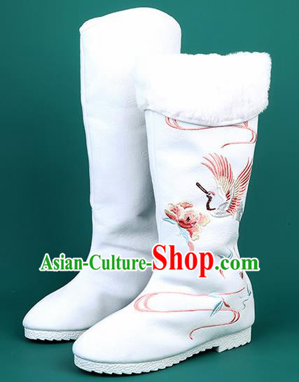 Chinese Traditional Embroidered Crane White High Boots Hanfu Shoes Cloth Boots for Women