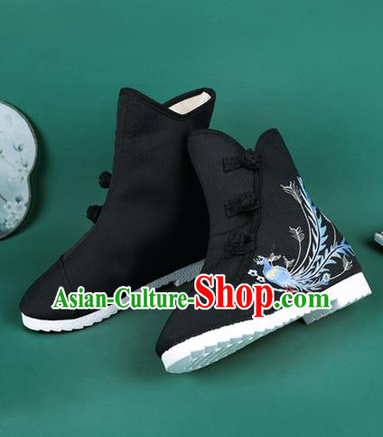 Handmade Chinese Traditional Embroidered Phoenix Black Boots Hanfu Shoes Cloth Boots for Women