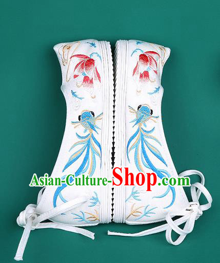 Chinese Traditional Embroidered Goldfish Lotus White Shoes Hanfu Shoes Princess Shoes for Women