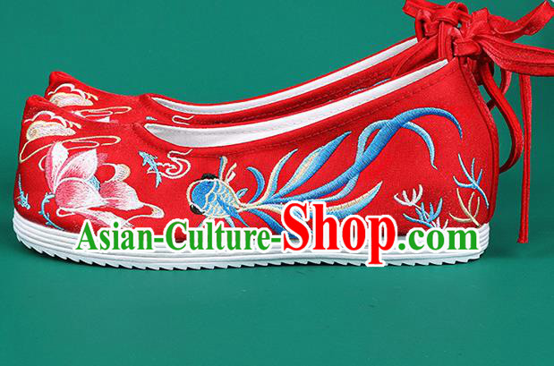 Chinese Traditional Embroidered Goldfish Lotus Red Shoes Hanfu Shoes Princess Shoes for Women