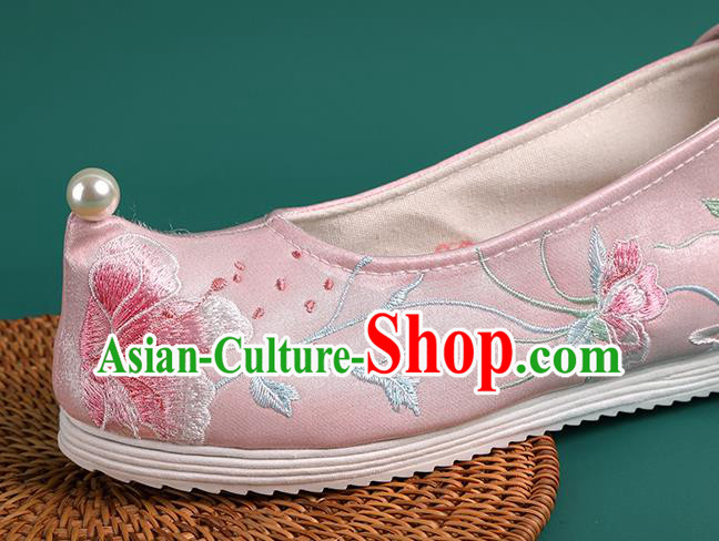 Chinese Pearl Shoes Traditional Wedding Pink Embroidered Shoes Hanfu Shoes Princess Shoes for Women