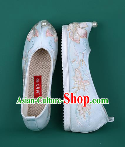 Chinese Pearl Shoes Traditional Wedding Blue Embroidered Shoes Hanfu Shoes Princess Shoes for Women