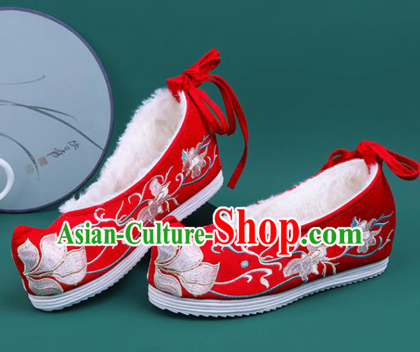 Chinese Winter Embroidered Red Shoes Traditional Hanfu Shoes Princess Shoes for Women