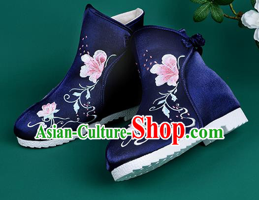 Handmade Chinese Royalblue Cloth Boots Traditional Embroidered Boots Hanfu Shoes for Women