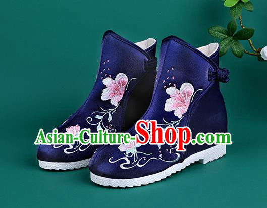 Handmade Chinese Royalblue Cloth Boots Traditional Embroidered Boots Hanfu Shoes for Women