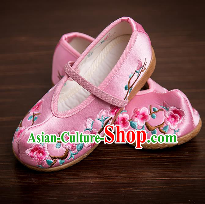 Handmade Chinese National Shoes Traditional New Year Pink Embroidered Shoes Hanfu Shoes for Kids
