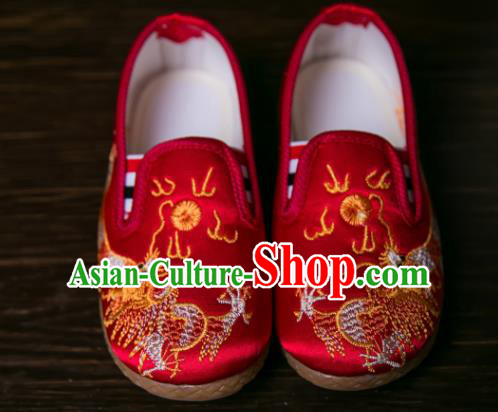 Handmade Chinese Traditional New Year Embroidered Dragon Red Shoes National Shoes Hanfu Shoes for Kids