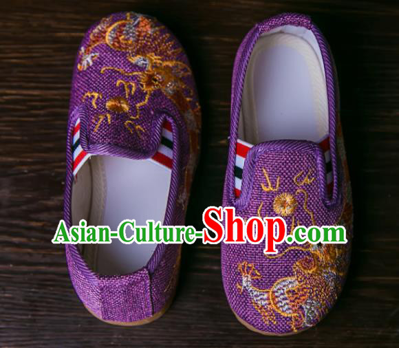 Handmade Chinese Traditional Purple Canvas Embroidered Dragon Shoes New Year National Shoes Hanfu Shoes for Kids