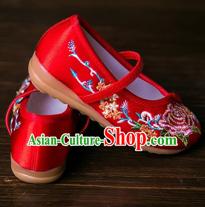 Handmade Chinese Traditional Red Satin Embroidered Shoes New Year National Shoes Hanfu Shoes for Kids