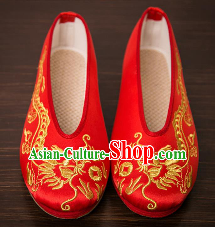 Handmade Chinese Bridegroom Embroidered Dragon Red Shoes Traditional Kung Fu Shoes Hanfu Shoes for Men