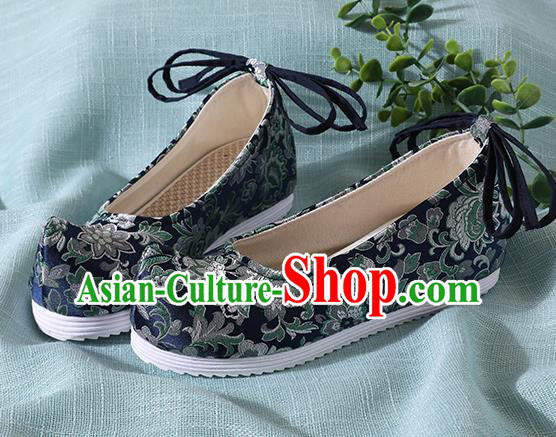 Traditional Chinese Handmade Navy Brocade Shoes Wedding Shoes Hanfu Shoes Princess Shoes for Women