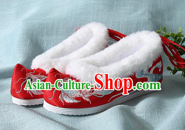 Traditional Chinese Handmade Embroidered Goldfish Red Shoes Wedding Shoes Hanfu Shoes Princess Shoes for Women
