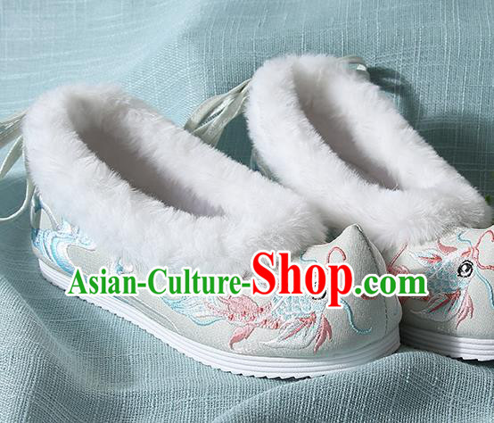 Traditional Chinese Handmade Embroidered Goldfish Light Green Shoes Wedding Shoes Hanfu Shoes Princess Shoes for Women