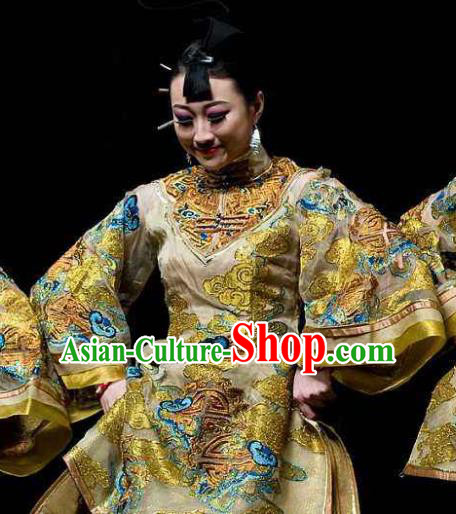 Chinese Dance Drama Wild Jujubes Classical Dance Golden Dress Stage Performance Dance Costume and Headpiece for Women