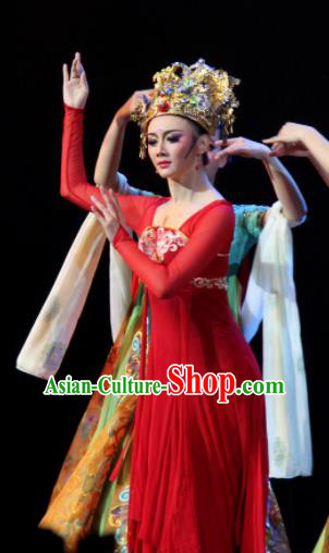 Chinese Chuansi Gongzhu Classical Dance Red Dress Stage Performance Dance Costume and Headpiece for Women