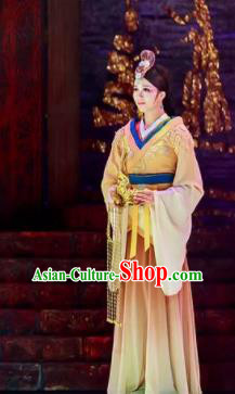 Lady Zhaojun Chinese Han Dynasty Princess Dance Yellow Dress Stage Performance Dance Costume and Headpiece for Women