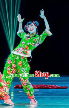 Dance Between Heaven and Earth Chinese Folk Dance Fan Dance Green Dress Stage Performance Dance Costume and Headpiece for Women